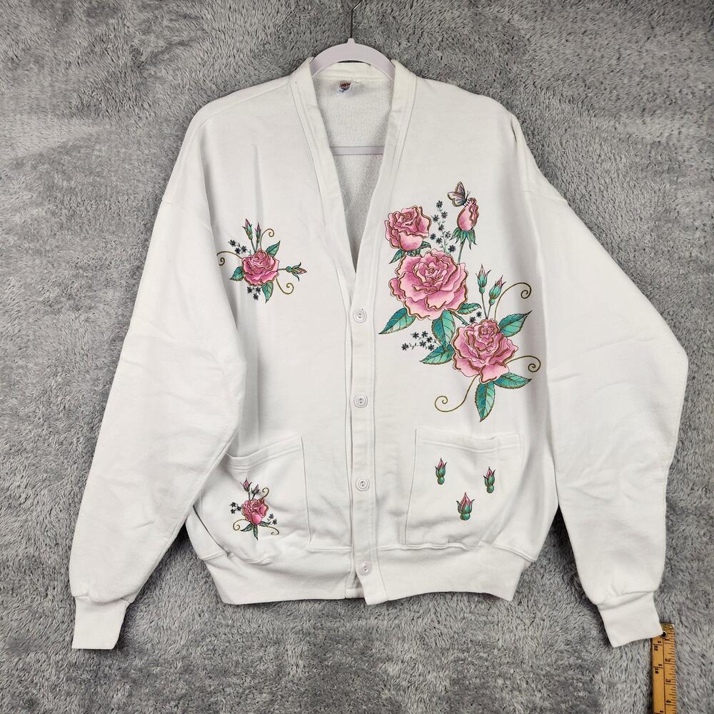 Vintage Fairycore Floral Sweatshirt Womens One Size Graphic Cardigan USA 80s